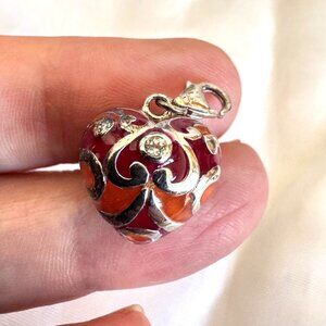 Artisan Glass Heart Charm Scroll Design Overlay Lobster Claw Sterling Silver 925